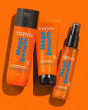 Matrix Mega Smooth hair care products on an orange background
