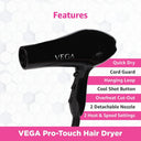Buy VEGA Pro Touch 1800-2000 Watts Professional Hair Dryer with 2 Detachable Nozzles (VHDP-02)- Black Online in India