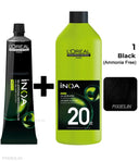 Loreal Professionnel Paris INOA Ammonia-free Permanent Hair Color - 1 (Black) (60Gm ) + Inoa Oxydant Riche 20 Volume 6% Developer (1000ml)
