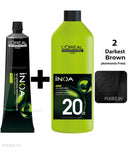 Loreal Professionnel Paris INOA Ammonia-free Permanent Hair Color - 2 (Darkest Brown) (60Gm ) + Inoa Oxydant Riche 20 Volume 6% Developer (1000ml)