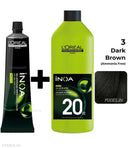 Loreal Professionnel Paris INOA Ammonia-free Permanent Hair Color - 3 (Dark Brown) (60Gm ) + Inoa Oxydant Riche 20 Volume 6% Developer (1000ml)