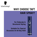 Schwarzkopf TAFT Ultimate Hair Spray For Hair With Crystal Shine Hold 5+, Lasts For 72 Hours (250ml)