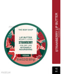 The Body Shop Strawberry Lip Butter packaging with branding and product details.